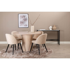 ebuy24 BiancaROWW eethoek eetkamertafel eik fineer wit washed en 4 Velvet Stitches eetkamerstal velours beige.
