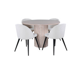 ebuy24 BiancaROWW eethoek eetkamertafel eik fineer wit washed en 4 Velvet eetkamerstal fluweel beige, zwart.