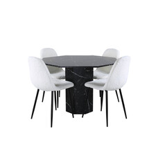 ebuy24 Marbs eethoek eetkamertafel zwart marmer decor en 4 Polar Fluff eetkamerstal Teddy wit.