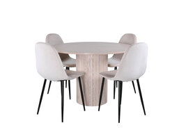 ebuy24 BiancaROWW eethoek eetkamertafel eik fineer wit washed en 4 Polar eetkamerstal velours beige.