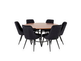 ebuy24 Copenhagen eethoek eetkamertafel bruin en 6 Velvet Deluxe eetkamerstal velours zwart.