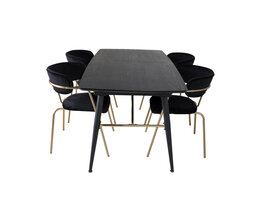 ebuy24 Gold eethoek eetkamertafel uitschuifbare tafel lengte cm 180 / 220 zwart en 4 Arrow eetkamerstal velours zwart.