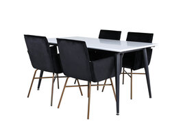 ebuy24 Jimmy150 eethoek eetkamertafel uitschuifbare tafel lengte cm 150 / 240 wit en 4 Pippi eetkamerstal velours zwart.