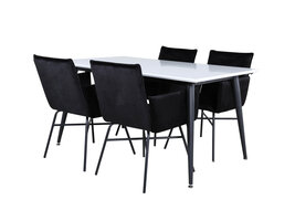 ebuy24 Jimmy150 eethoek eetkamertafel uitschuifbare tafel lengte cm 150 / 240 wit en 4 Pippi eetkamerstal velours zwart.