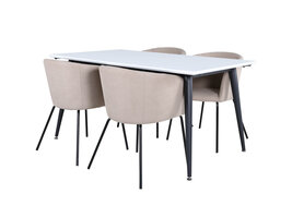 ebuy24 Jimmy150 eethoek eetkamertafel uitschuifbare tafel lengte cm 150 / 240 wit en 4 Berit eetkamerstal beige.