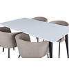 ebuy24 Jimmy150 eethoek eetkamertafel uitschuifbare tafel lengte cm 150 / 240 wit en 4 Berit eetkamerstal beige.