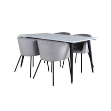 ebuy24 Jimmy150 eethoek eetkamertafel uitschuifbare tafel lengte cm 150 / 240 wit en 4 Berit eetkamerstal velours grijs.