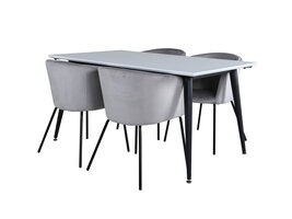 ebuy24 Jimmy150 eethoek eetkamertafel uitschuifbare tafel lengte cm 150 / 240 wit en 4 Berit eetkamerstal velours grijs.