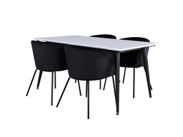 ebuy24 Jimmy150 eethoek eetkamertafel uitschuifbare tafel lengte cm 150 / 240 wit en 4 Berit eetkamerstal velours zwart.