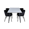 ebuy24 Jimmy150 eethoek eetkamertafel uitschuifbare tafel lengte cm 150 / 240 wit en 4 Berit eetkamerstal velours zwart.