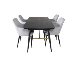 ebuy24 Gold eethoek eetkamertafel uitschuifbare tafel lengte cm 180 / 220 zwart en 4 Comfort eetkamerstal fluweel lichtgrijs, zwart.