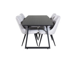 ebuy24 IncaBLBL eethoek eetkamertafel uitschuifbare tafel lengte cm 160 / 200 zwart en 4 Velvet Deluxe eetkamerstal lichtgrijs, zwart.