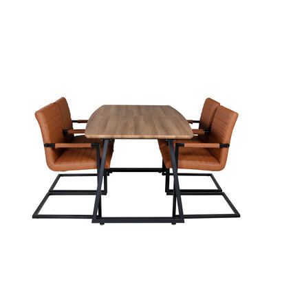 ebuy24 IncaNABL eethoek eetkamertafel uitschuifbare tafel lengte cm 160 / 200 el hout decor en 4 Art eetkamerstal PU kunstleer bruin.