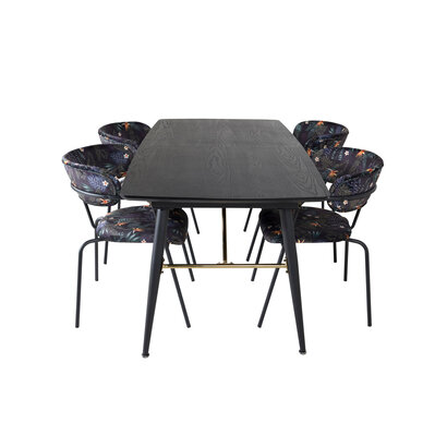 ebuy24 Gold eethoek eetkamertafel uitschuifbare tafel lengte cm 180 / 220 zwart en 4 Arrow eetkamerstal zwart.
