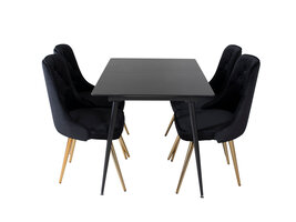 ebuy24 SilarBLExt eethoek eetkamertafel uitschuifbare tafel lengte cm 120 / 160 zwart en 4 Velvet Deluxe eetkamerstal velours zwart, messing decor.