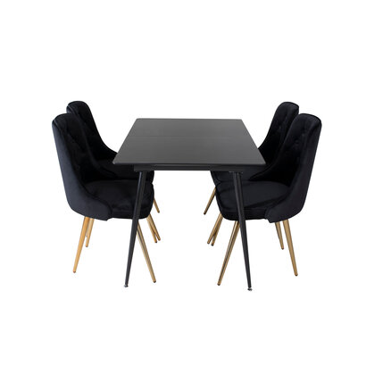 ebuy24 SilarBLExt eethoek eetkamertafel uitschuifbare tafel lengte cm 120 / 160 zwart en 4 Velvet Deluxe eetkamerstal velours zwart, messing decor.