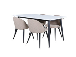 ebuy24 Jimmy150 eethoek eetkamertafel uitschuifbare tafel lengte cm 150 / 240 wit en 4 Velvet Stitches eetkamerstal beige.