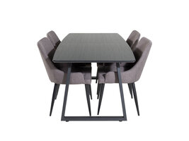 ebuy24 IncaBLBL eethoek eetkamertafel uitschuifbare tafel lengte cm 160 / 200 zwart en 4 Plaza eetkamerstal grijs, zwart.