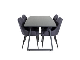 ebuy24 IncaBLBL eethoek eetkamertafel uitschuifbare tafel lengte cm 160 / 200 zwart en 4 Plaza eetkamerstal zwart.