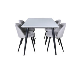 ebuy24 Jimmy150 eethoek eetkamertafel uitschuifbare tafel lengte cm 150 / 240 wit en 4 Velvet eetkamerstal lichtgrijs, zwart.