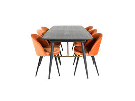 ebuy24 Gold eethoek eetkamertafel uitschuifbare tafel lengte cm 180 / 220 zwart en 4 Velvet eetkamerstal velours oranje, zwart.