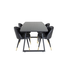 ebuy24 IncaBLBL eethoek eetkamertafel uitschuifbare tafel lengte cm 160 / 200 zwart en 4 Velvet eetkamerstal PU kunstleer zwart.