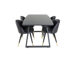 ebuy24 IncaBLBL eethoek eetkamertafel uitschuifbare tafel lengte cm 160 / 200 zwart en 4 Velvet eetkamerstal PU kunstleer zwart.