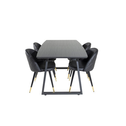 ebuy24 IncaBLBL eethoek eetkamertafel uitschuifbare tafel lengte cm 160 / 200 zwart en 4 Velvet eetkamerstal PU kunstleer zwart.