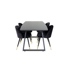 ebuy24 IncaBLBL eethoek eetkamertafel uitschuifbare tafel lengte cm 160 / 200 zwart en 4 Velvet eetkamerstal velours zwart, messing decor.