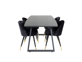 ebuy24 IncaBLBL eethoek eetkamertafel uitschuifbare tafel lengte cm 160 / 200 zwart en 4 Velvet eetkamerstal velours zwart, messing decor.