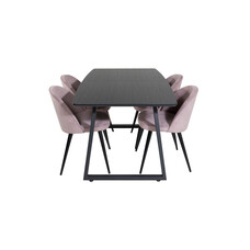 ebuy24 IncaBLBL eethoek eetkamertafel uitschuifbare tafel lengte cm 160 / 200 zwart en 4 Velvet eetkamerstal fluweel roze, zwart.