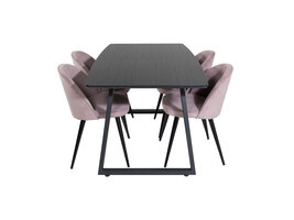 ebuy24 IncaBLBL eethoek eetkamertafel uitschuifbare tafel lengte cm 160 / 200 zwart en 4 Velvet eetkamerstal fluweel roze, zwart.