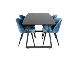 ebuy24 IncaBLBL eethoek eetkamertafel uitschuifbare tafel lengte cm 160 / 200 zwart en 4 Velvet eetkamerstal velours blauw, zwart.