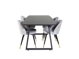 ebuy24 IncaBLBL eethoek eetkamertafel uitschuifbare tafel lengte cm 160 / 200 zwart en 4 Velvet eetkamerstal velours lichtgrijs.