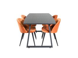 ebuy24 IncaBLBL eethoek eetkamertafel uitschuifbare tafel lengte cm 160 / 200 zwart en 4 Velvet eetkamerstal velours oranje, zwart.