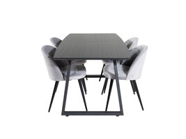 ebuy24 IncaBLBL eethoek eetkamertafel uitschuifbare tafel lengte cm 160 / 200 zwart en 4 Velvet eetkamerstal velours lichtgrijs.