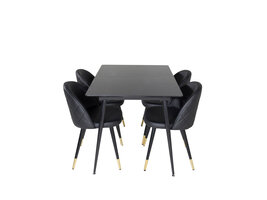 ebuy24 SilarBLExt eethoek eetkamertafel uitschuifbare tafel lengte cm 120 / 160 zwart en 4 Velvet eetkamerstal PU kunstleer zwart.