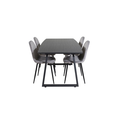 ebuy24 IncaBLBL eethoek eetkamertafel uitschuifbare tafel lengte cm 160 / 200 zwart en 4 Polar eetkamerstal velours grijs.