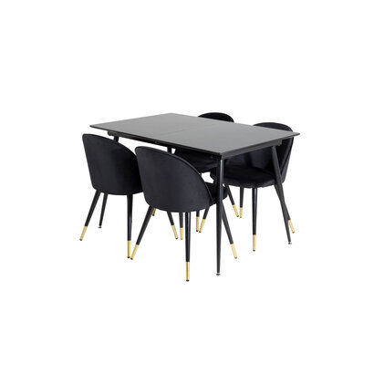 ebuy24 SilarBLExt eethoek eetkamertafel uitschuifbare tafel lengte cm 120 / 160 zwart en 4 Velvet eetkamerstal velours zwart, messing decor.
