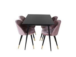 ebuy24 SilarBLExt eethoek eetkamertafel uitschuifbare tafel lengte cm 120 / 160 zwart en 4 Velvet eetkamerstal velours roze, zwart, messing decor.