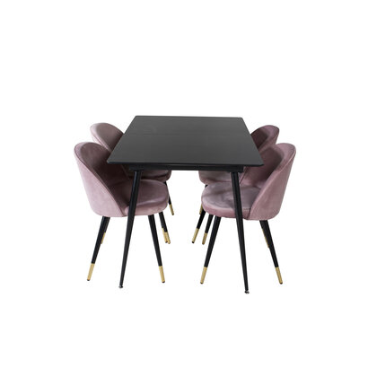 ebuy24 SilarBLExt eethoek eetkamertafel uitschuifbare tafel lengte cm 120 / 160 zwart en 4 Velvet eetkamerstal velours roze, zwart, messing decor.