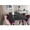 ebuy24 SilarBLExt eethoek eetkamertafel uitschuifbare tafel lengte cm 120 / 160 zwart en 4 Velvet eetkamerstal velours roze, zwart, messing decor.