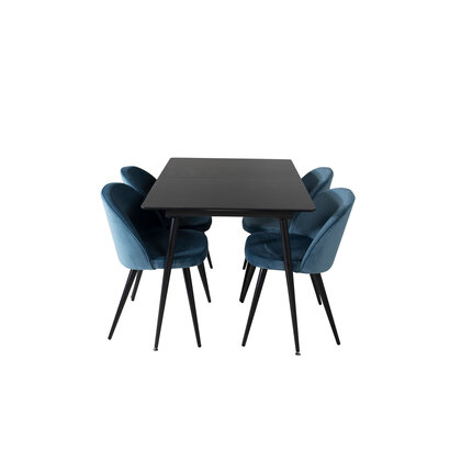 ebuy24 SilarBLExt eethoek eetkamertafel uitschuifbare tafel lengte cm 120 / 160 zwart en 4 Velvet eetkamerstal velours blauw, zwart.