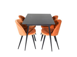 ebuy24 SilarBLExt eethoek eetkamertafel uitschuifbare tafel lengte cm 120 / 160 zwart en 4 Velvet eetkamerstal velours oranje, zwart.