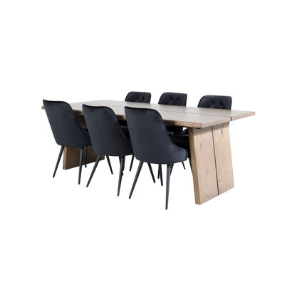 ebuy24 Logger eethoek eetkamertafel uitschuifbare tafel lengte cm 210 / 310 rokerig eik en 6 Velvet Deluxe eetkamerstal velours zwart.