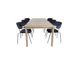 ebuy24 SliderOS eethoek eetkamertafel uitschuifbare tafel lengte cm 170 / 250 rokerig eik en 6 Arrow eetkamerstal velours zwart.