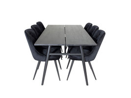 ebuy24 Sleek eethoek eetkamertafel uitschuifbare tafel lengte cm 195 / 280 zwart en 6 Velvet Deluxe eetkamerstal velours zwart.