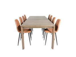 ebuy24 SliderOS eethoek eetkamertafel uitschuifbare tafel lengte cm 170 / 250 rokerig eik en 8 Polar eetkamerstal PU kunstleer bruin.