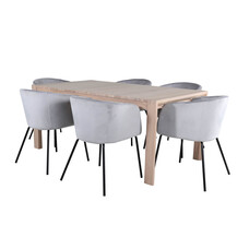 ebuy24 SliderWW eethoek eetkamertafel uitschuifbare tafel lengte cm 170 / 250 eik wit washeded en 6 Berit eetkamerstal velours grijs.