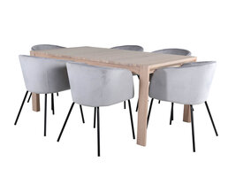 ebuy24 SliderWW eethoek eetkamertafel uitschuifbare tafel lengte cm 170 / 250 eik wit washeded en 6 Berit eetkamerstal velours grijs.